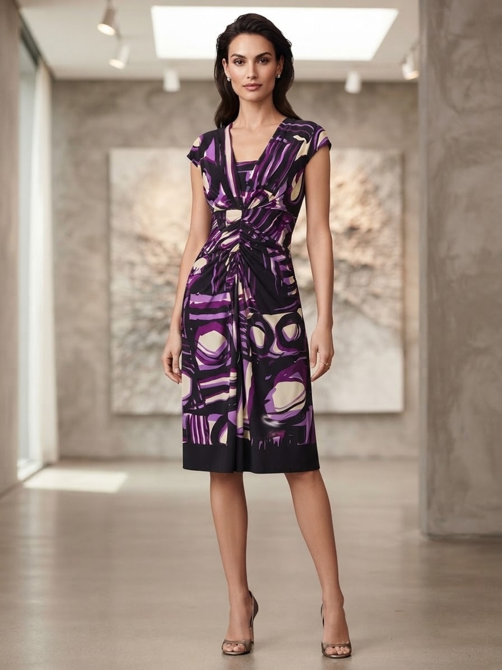Jones New York Purple and Black Abstract Knot-Front Cap Sleeve Dress Size 8